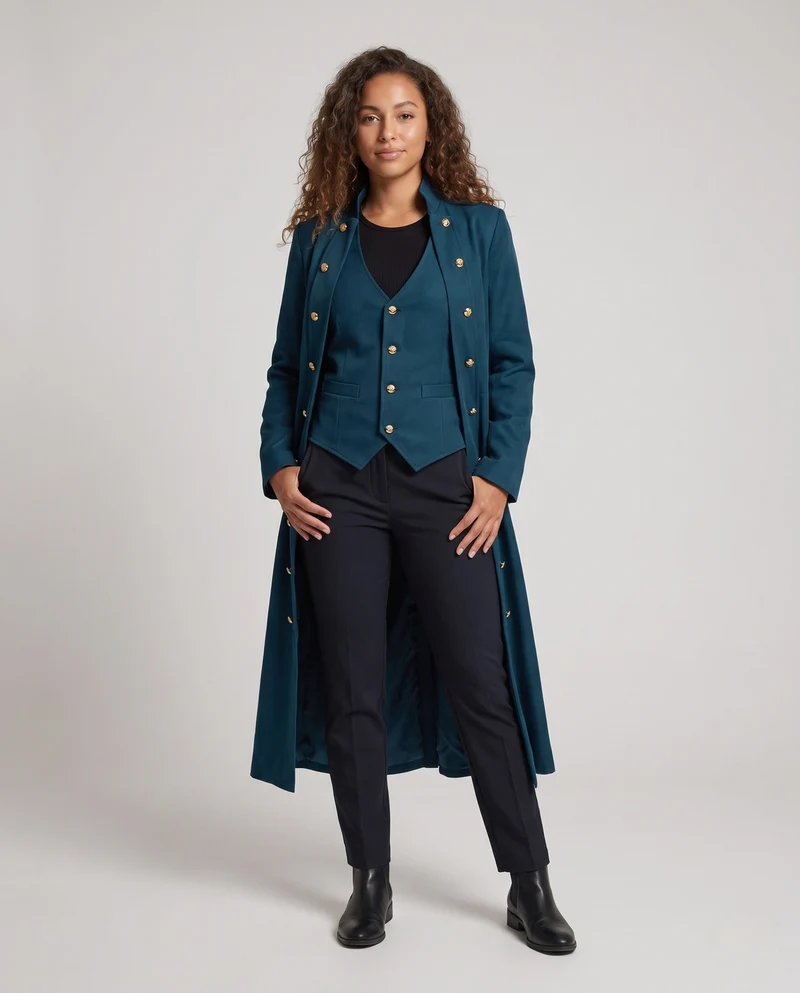 Damen Eleganter Stehkragen-Mantel mit kunstvollen Knöpfen und Schnürdetails Nord Taschen