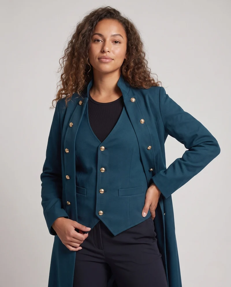 Damen Eleganter Stehkragen-Mantel mit kunstvollen Knöpfen und Schnürdetails Nord Taschen