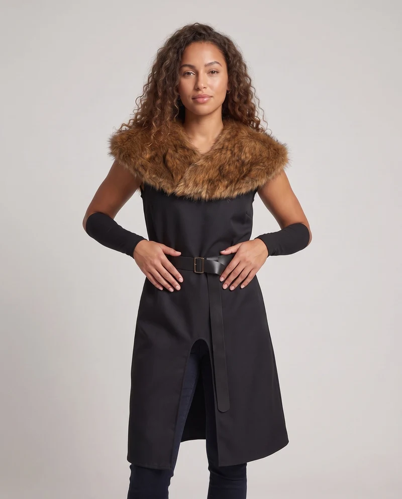 Damen Eleganter Umhang mit luxuriösem Fellkragen und Gürtel Nord Taschen
