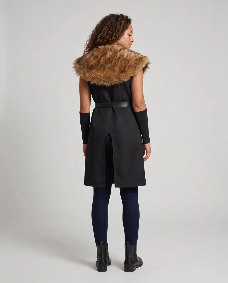 Damen Eleganter Umhang mit luxuriösem Fellkragen und Gürtel Nord Taschen