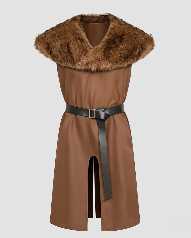 Damen Eleganter Umhang mit luxuriösem Fellkragen und Gürtel Nord Taschen