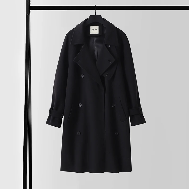 Herren Dramatisch geschnittener Doppelreihiger Wollmix-Longcoat mit Kragenlaschen und Bindegürtel Nord Taschen