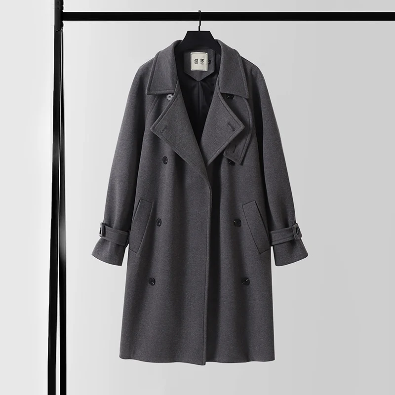 Herren Dramatisch geschnittener Doppelreihiger Wollmix-Longcoat mit Kragenlaschen und Bindegürtel Nord Taschen