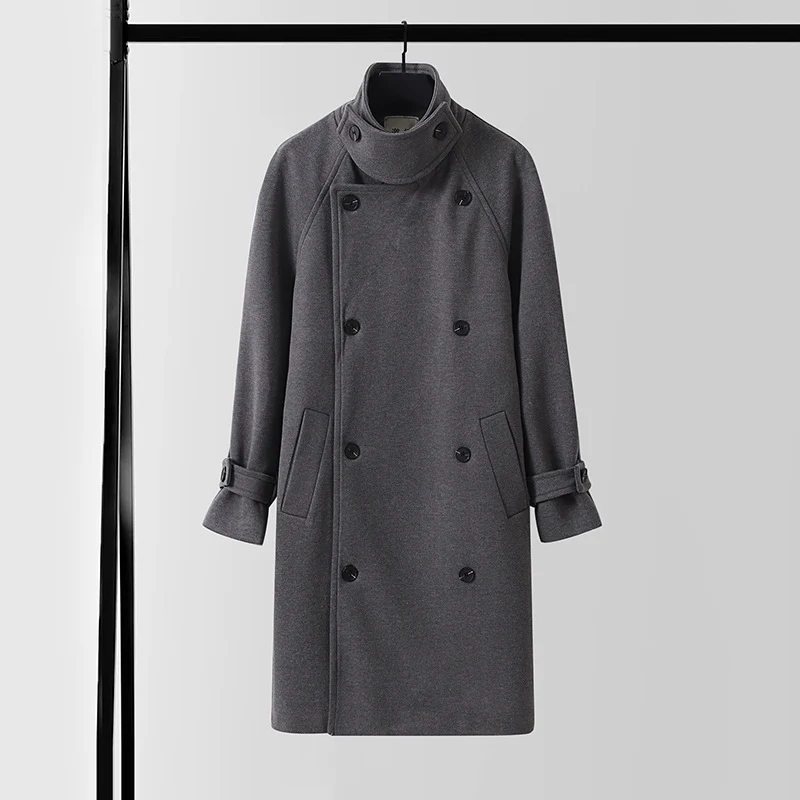 Herren Dramatisch geschnittener Doppelreihiger Wollmix-Longcoat mit Kragenlaschen und Bindegürtel Nord Taschen