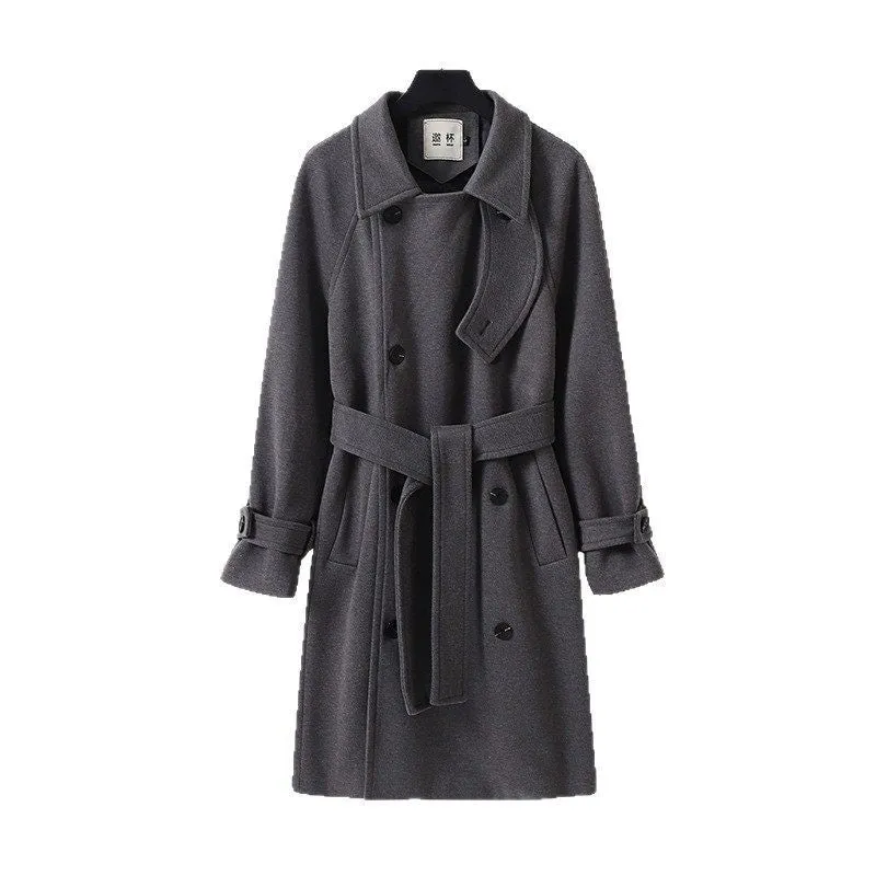 Herren Dramatisch geschnittener Doppelreihiger Wollmix-Longcoat mit Kragenlaschen und Bindegürtel Nord Taschen