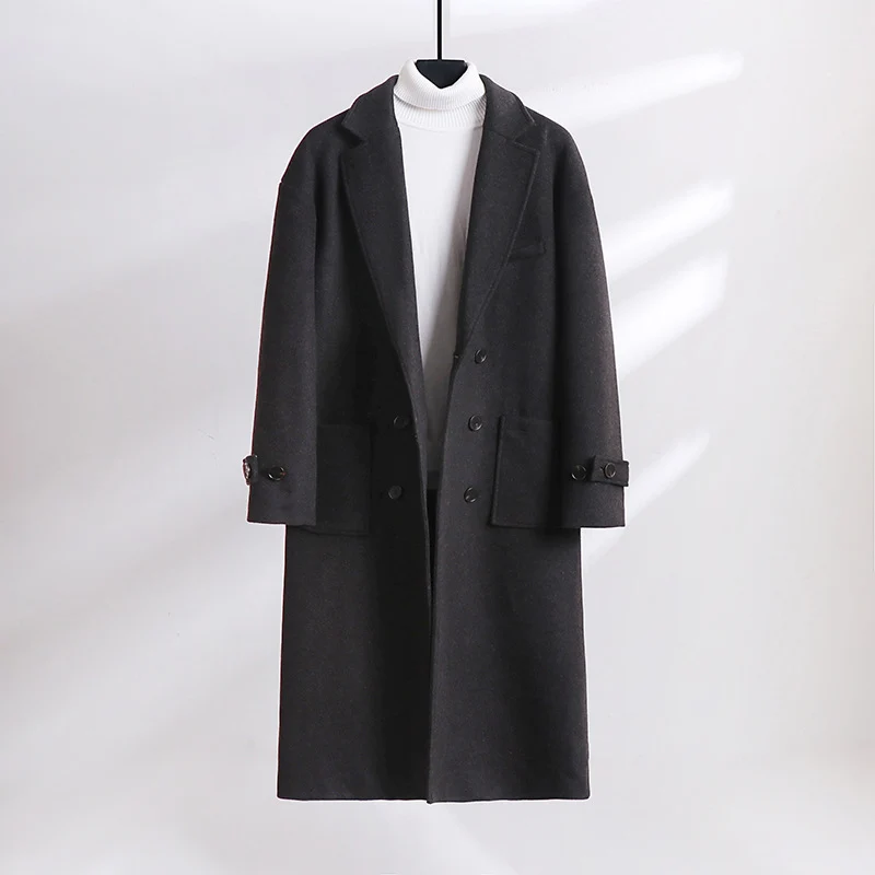Herren Doppelreihiger Wollmix-Longcoat mit fallendem Revers und Pattentaschen Nord Taschen