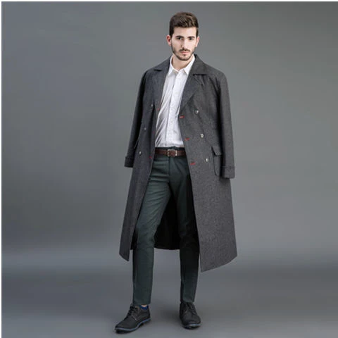 Herren Doppelreihiger Wollmantel mit Schalkragen und langer Silhouette Nord Taschen