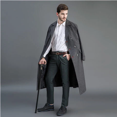 Herren Doppelreihiger Wollmantel mit Schalkragen und langer Silhouette Nord Taschen