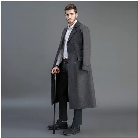 Herren Doppelreihiger Wollmantel mit Schalkragen und langer Silhouette Nord Taschen
