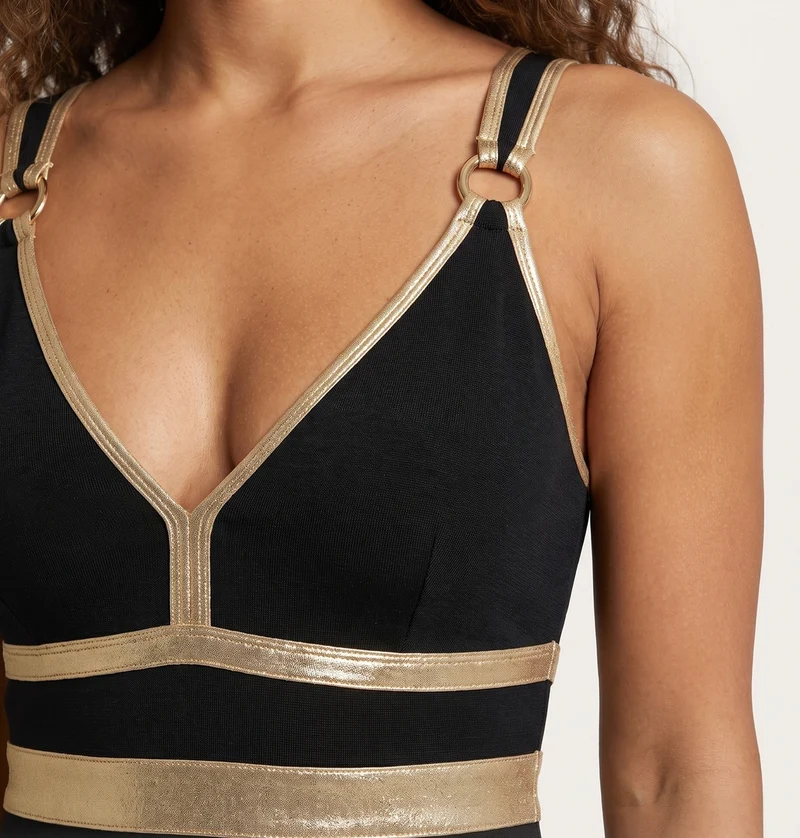 Damen Kostümkleid mit hohem Schlitz und goldenen Akzenten Nord Taschen