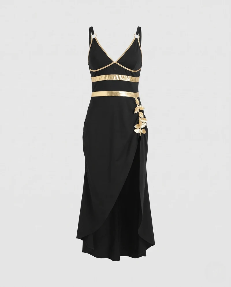 Damen Kostümkleid mit hohem Schlitz und goldenen Akzenten Nord Taschen