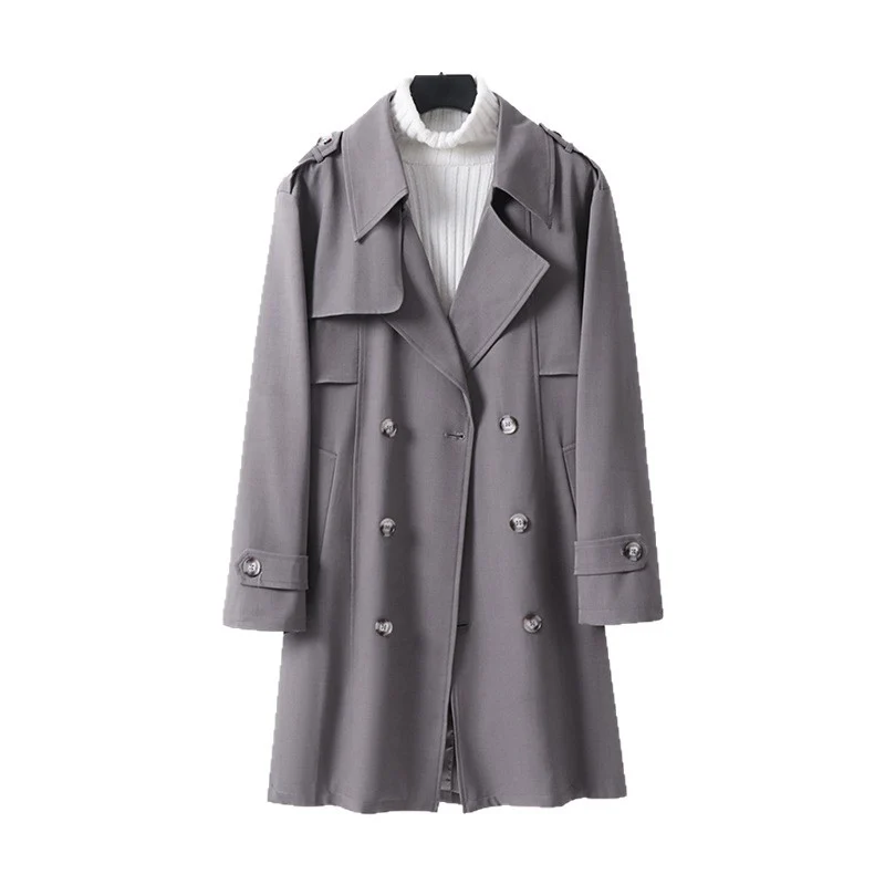 Damen Doppelreihiger Trenchcoat mit weitem Schalkragen und Epauletten Nord Taschen