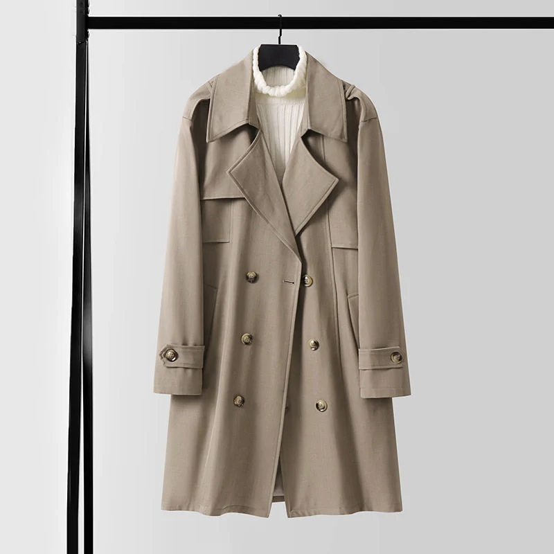 Damen Doppelreihiger Trenchcoat mit weitem Schalkragen und Epauletten Nord Taschen