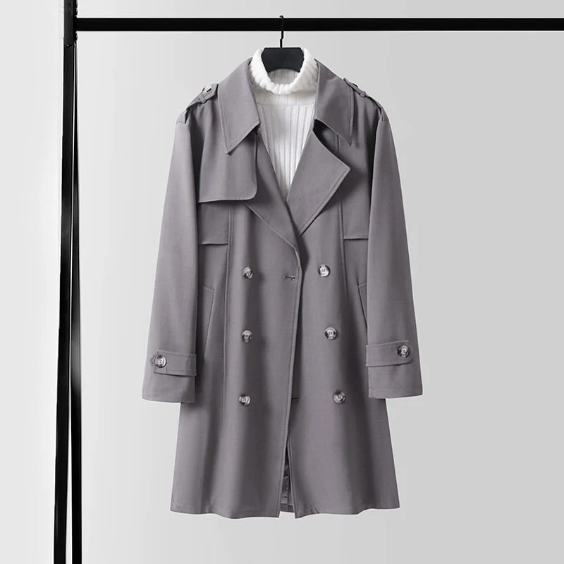 Damen Doppelreihiger Trenchcoat mit weitem Schalkragen und Epauletten Nord Taschen