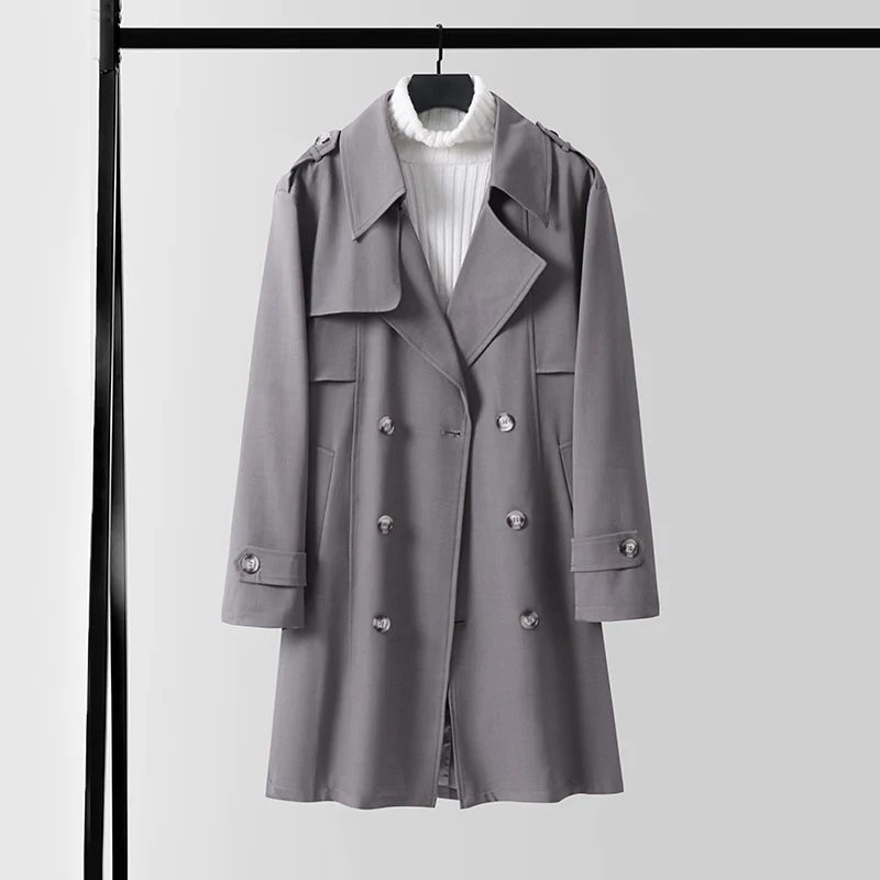 Damen Doppelreihiger Kurztrenchcoat aus leichtem Wollmix mit soften Fall und Schulterklappen Nord Taschen