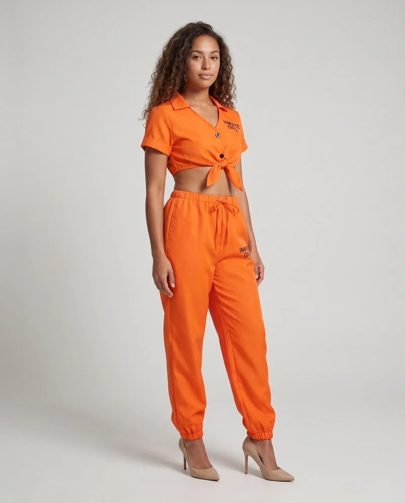 Damen Kostümset im Gefängnisstil mit kurzem Oberteil und Bundhose Nord Taschen