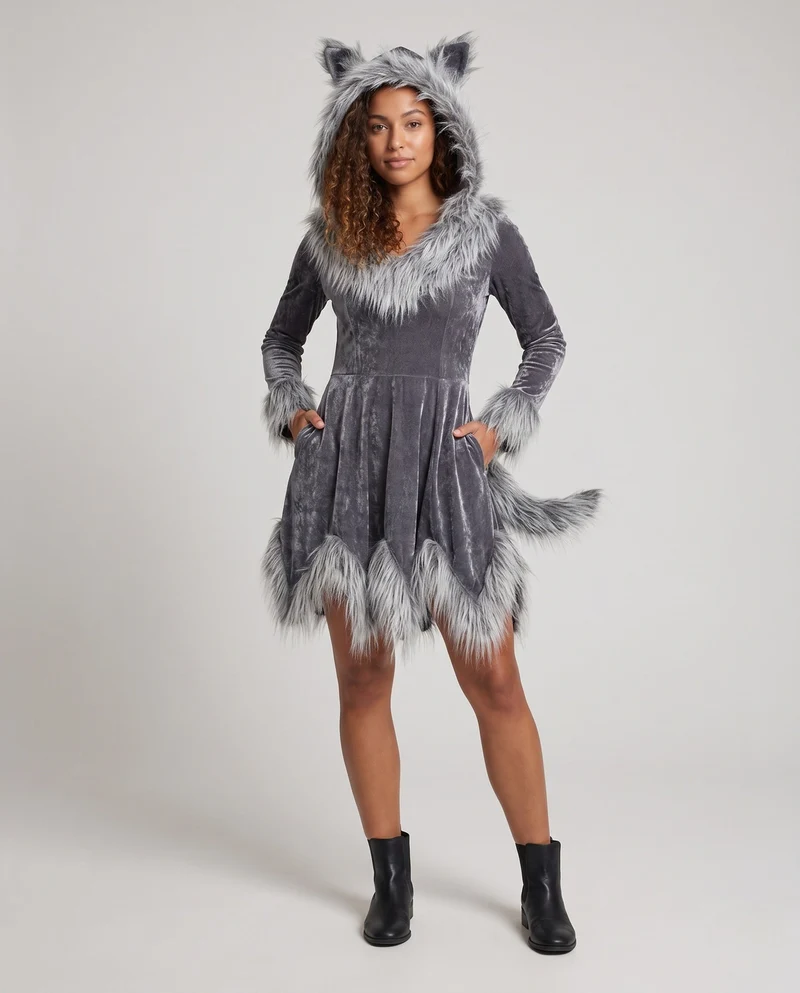 Damen Kuscheliges Fleece-Kleid mit elegantem Pelzkragen Nord Taschen