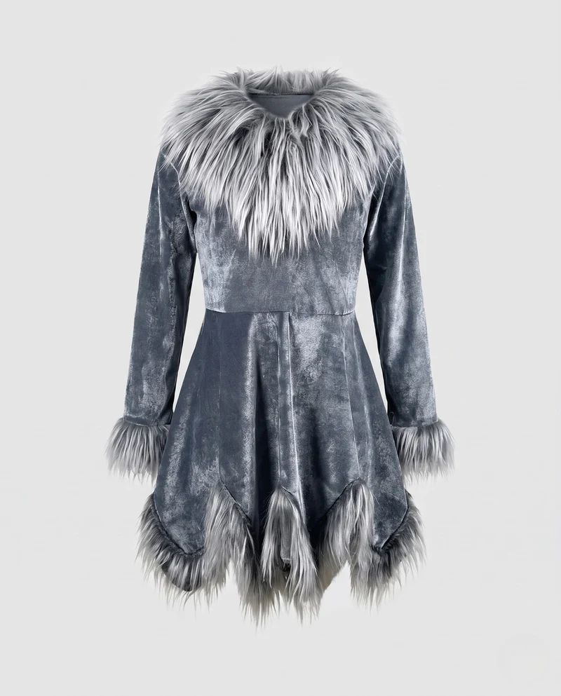 Damen Kuscheliges Fleece-Kleid mit elegantem Pelzkragen Nord Taschen