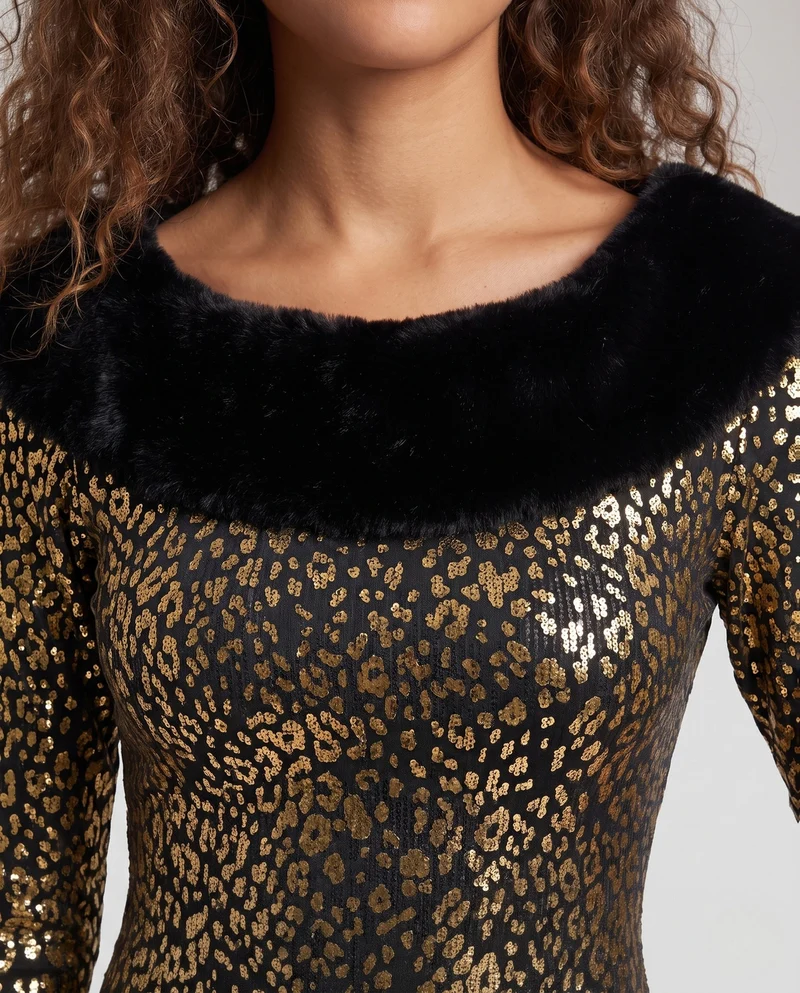 Damen Leoparden-Motiv Kleid mit glamourösem Schnitt Nord Taschen