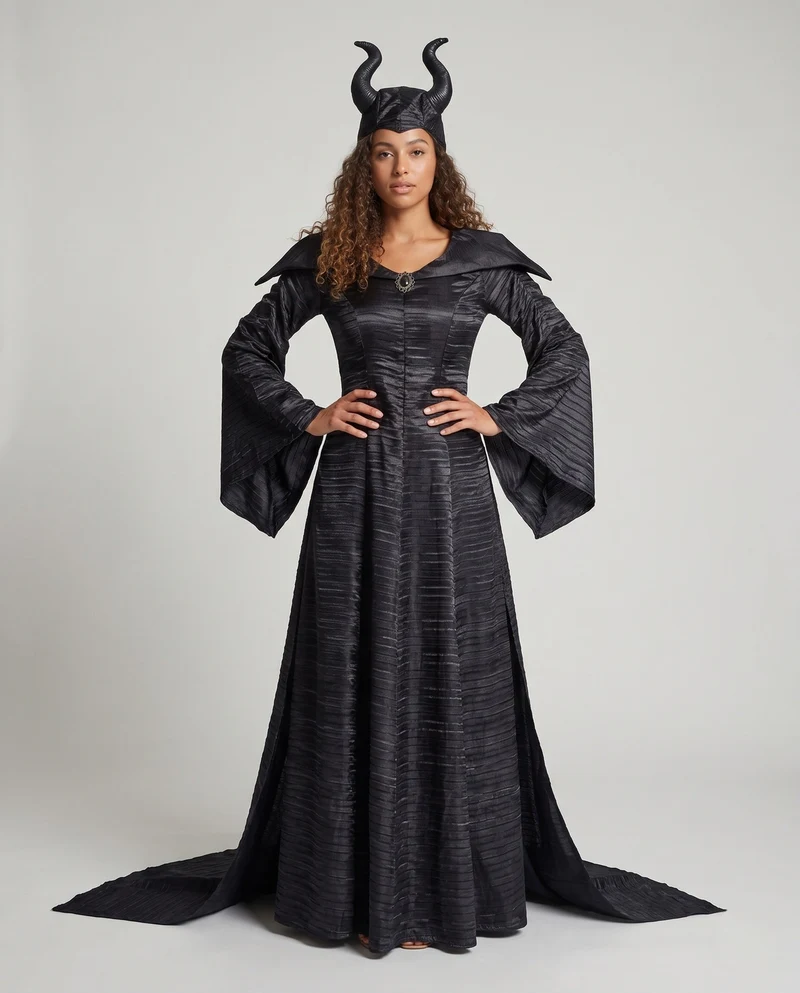 Damen Maleficent Kostüm mit voluminöser Kapuze und schimmerndem Satin Nord Taschen