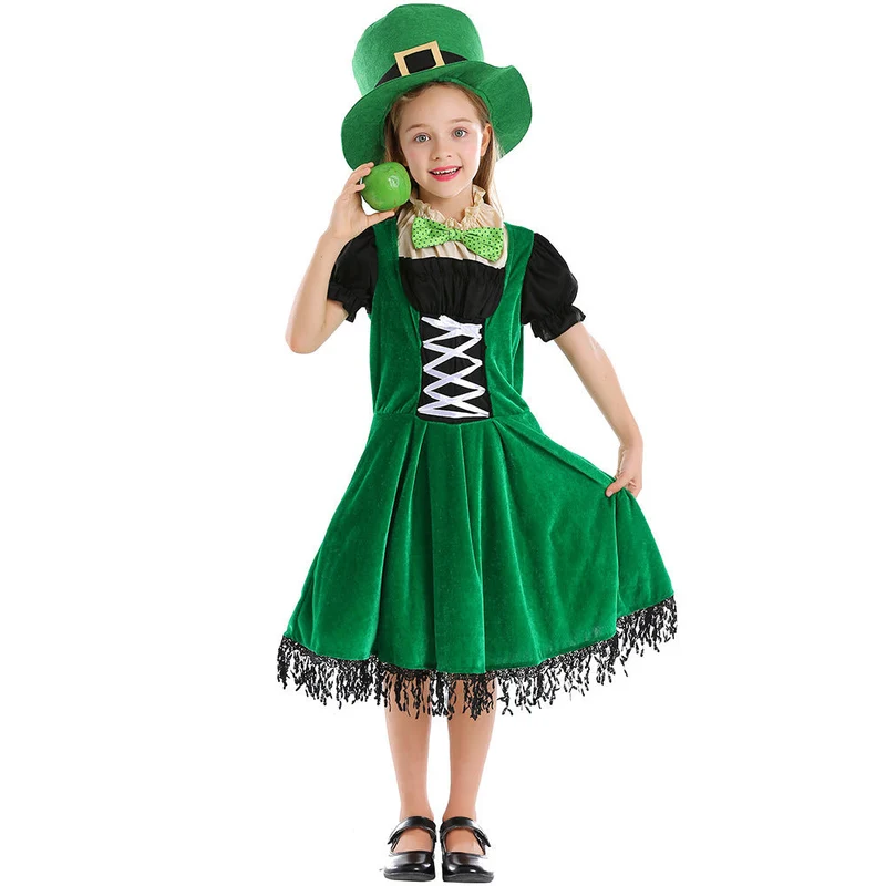 Mädchen Leprechaun Kostüm mit grünem Hut und Fransen Nord Taschen
