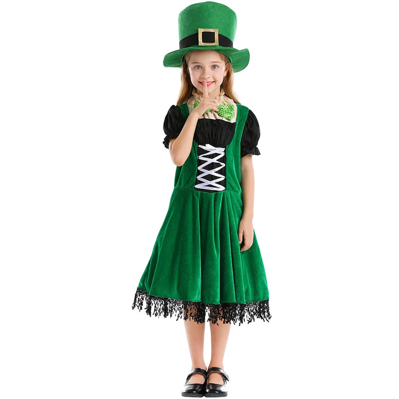 Mädchen Leprechaun Kostüm mit grünem Hut und Fransen Nord Taschen