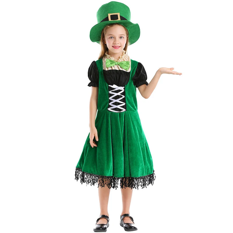 Mädchen Leprechaun Kostüm mit grünem Hut und Fransen Nord Taschen