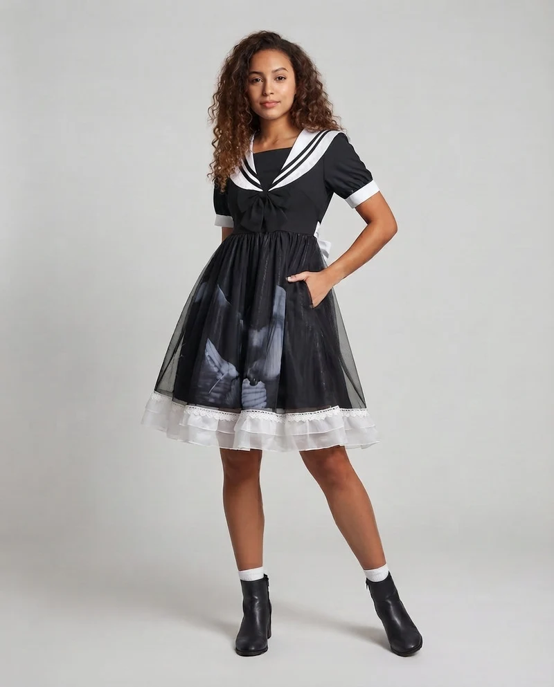 Damen Verspielt romantisches Kleid mit Schleifen und Rüschen Nord Taschen