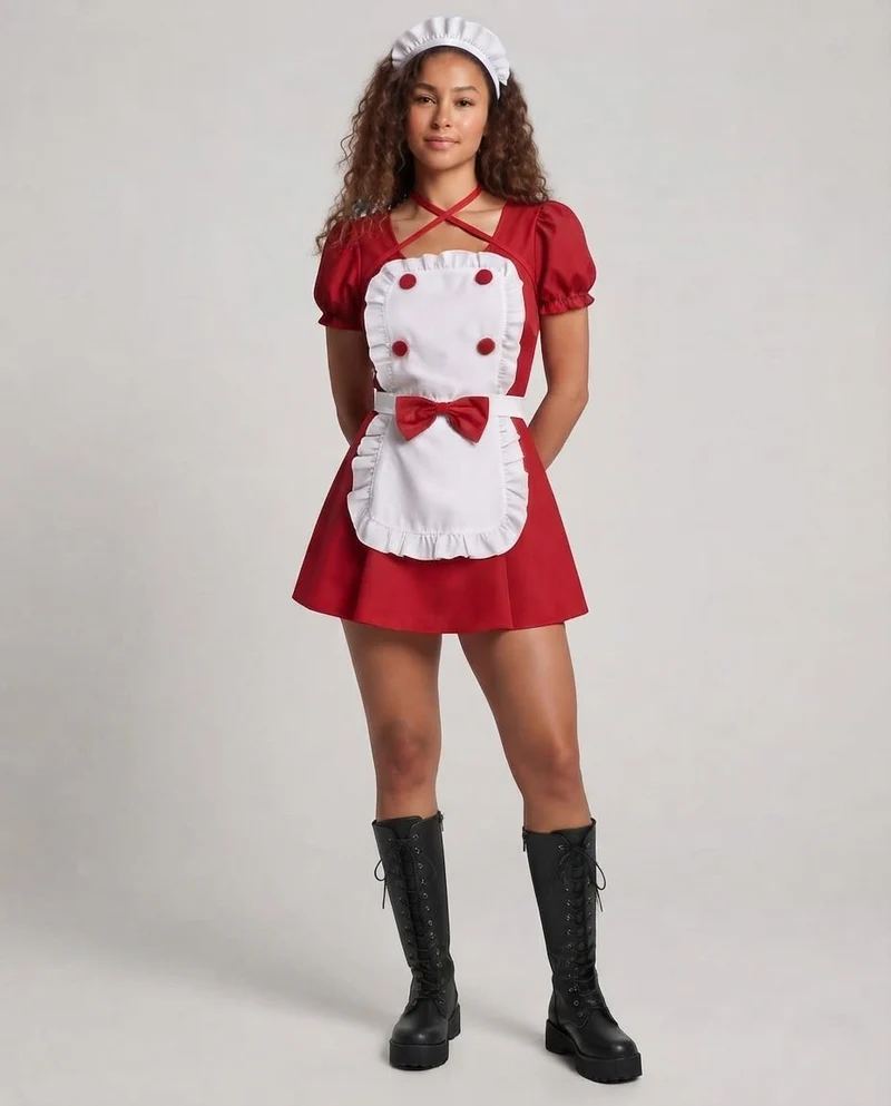 Damen Verspieltes Dienstmädchen-Kleid mit Rüschen und Satin-Schürze Nord Taschen