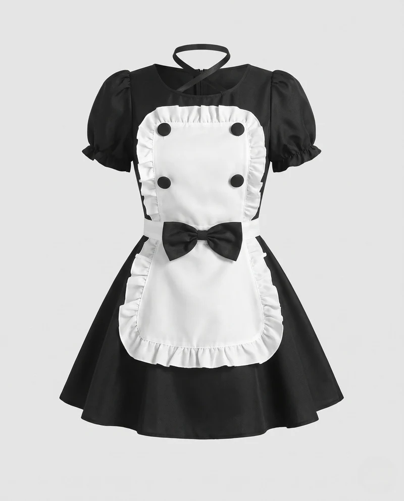 Damen Verspieltes Dienstmädchen-Kleid mit Rüschen und Satin-Schürze Nord Taschen