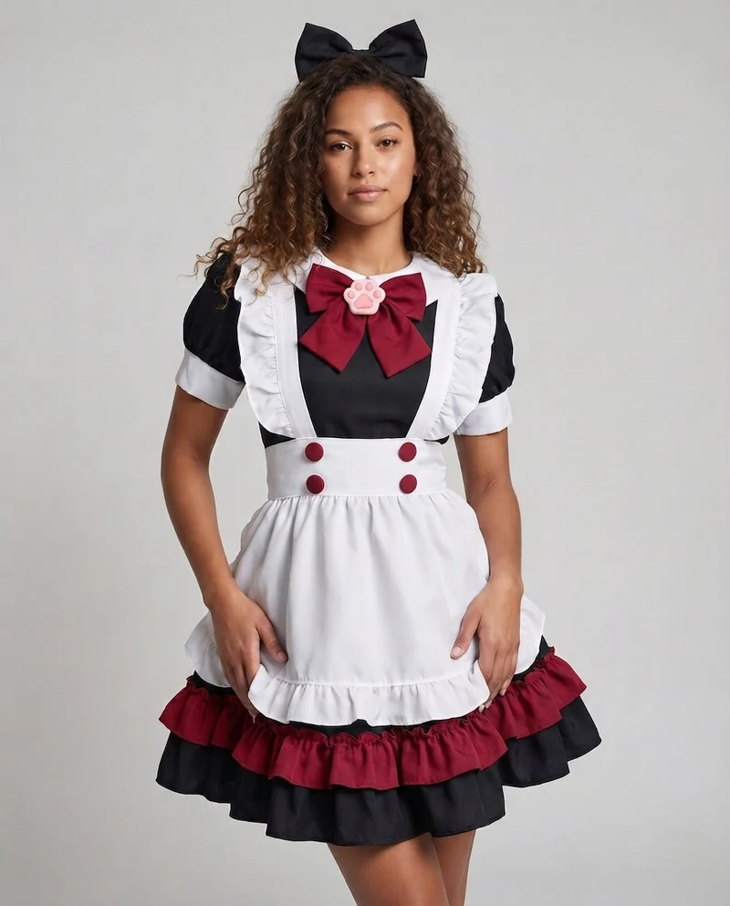 Damen verspieltes Dienstmädchen-Kleid mit Rüschendetails und schickem Schleifenakzent Nord Taschen