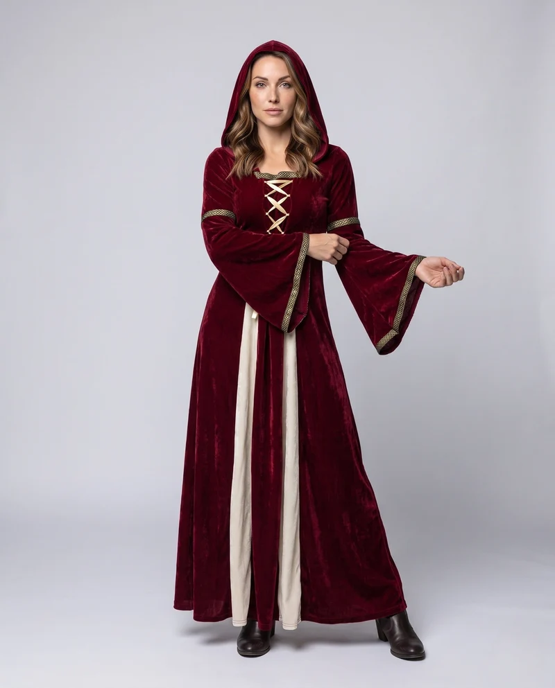 Damen elegantes Kapuzenkleid mit schwingenden Ärmeln Nord Taschen