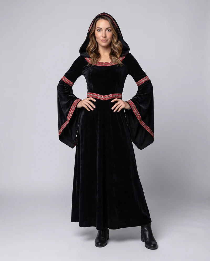 Damen Elegantes Kapuzenkleid mit weiten Ärmeln und aufwendigen Verzierungen Nord Taschen
