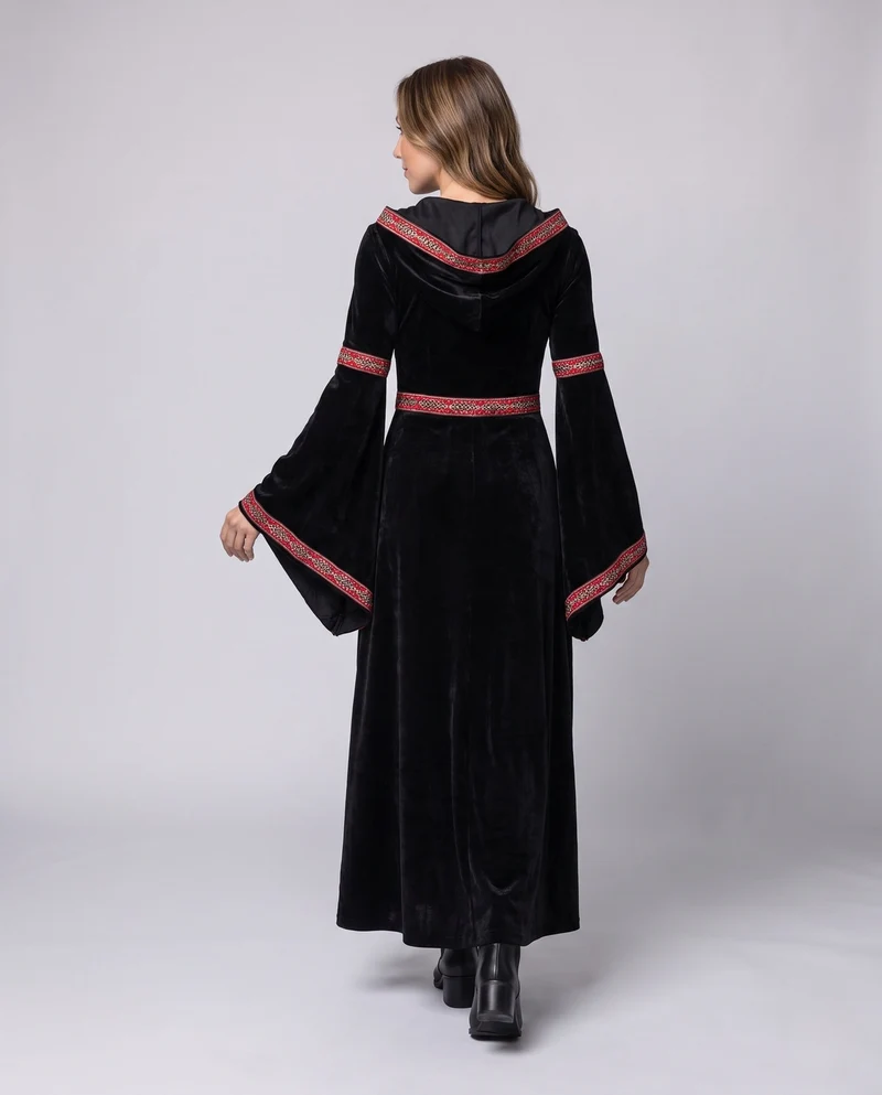 Damen Elegantes Kapuzenkleid mit weiten Ärmeln und aufwendigen Verzierungen Nord Taschen