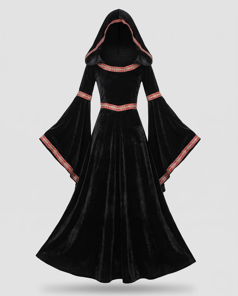 Damen Elegantes Kapuzenkleid mit weiten Ärmeln und aufwendigen Verzierungen Nord Taschen
