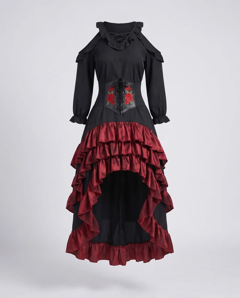 Damen Elegantes Steampunk Kleid mit Rüschendetails und Korsett Nord Taschen