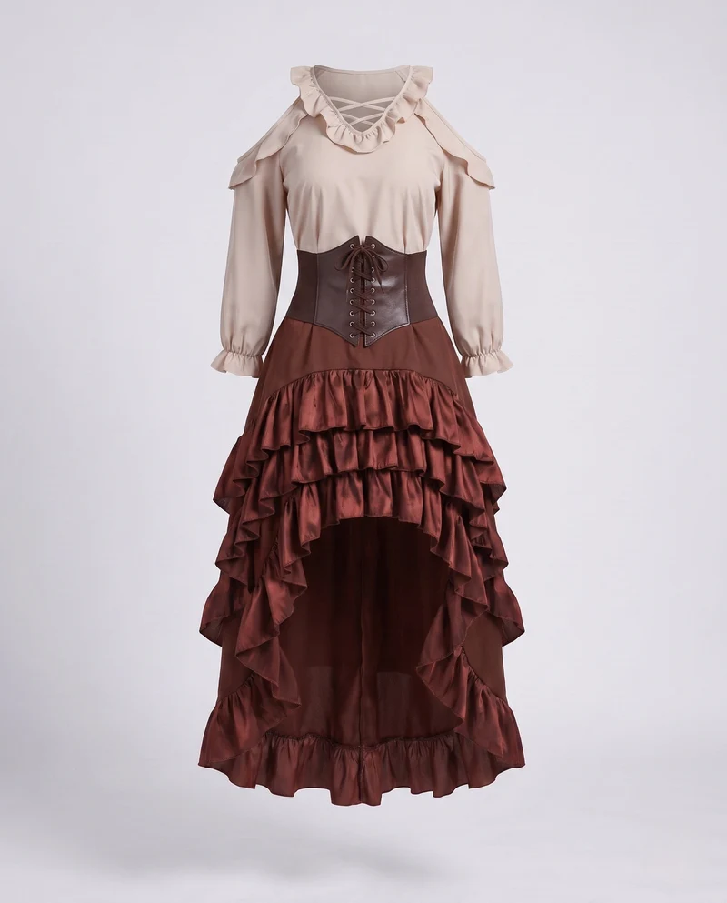 Damen Elegantes Steampunk Kleid mit Rüschendetails und Korsett Nord Taschen