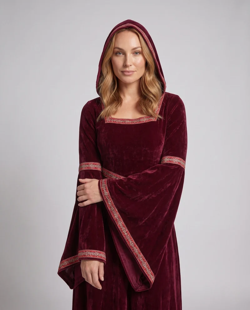 Damen Elegantes Kapuzenkleid mit ausgestellten Ärmeln und Schleifendetails Nord Taschen