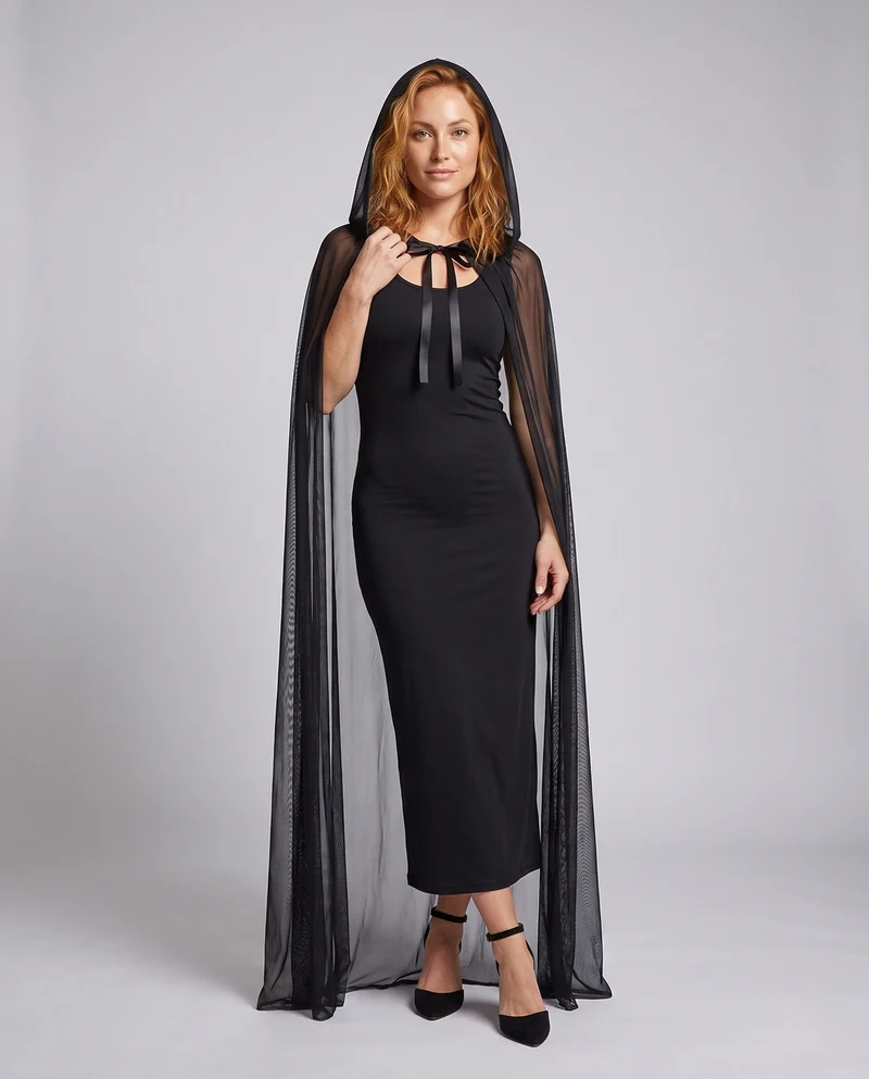 Damen elegantes Langarmkostüm mit schimmerndem Überrock und Kapuze Nord Taschen