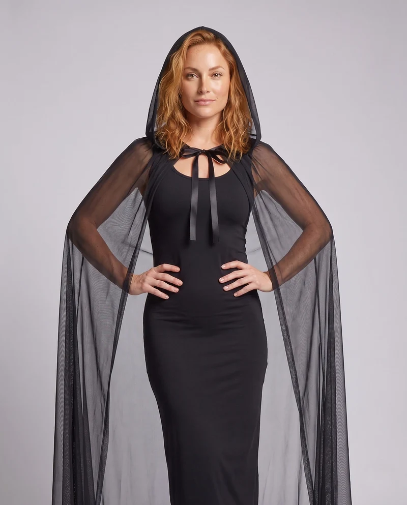Damen elegantes Langarmkostüm mit schimmerndem Überrock und Kapuze Nord Taschen