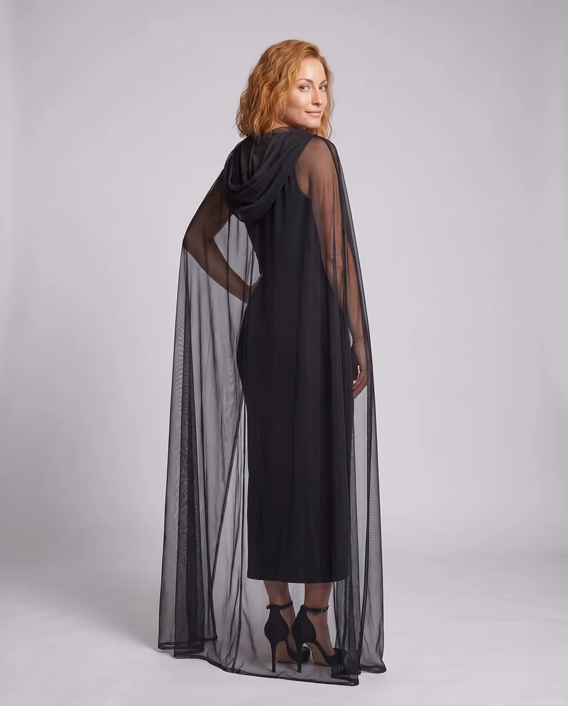 Damen elegantes Langarmkostüm mit schimmerndem Überrock und Kapuze Nord Taschen