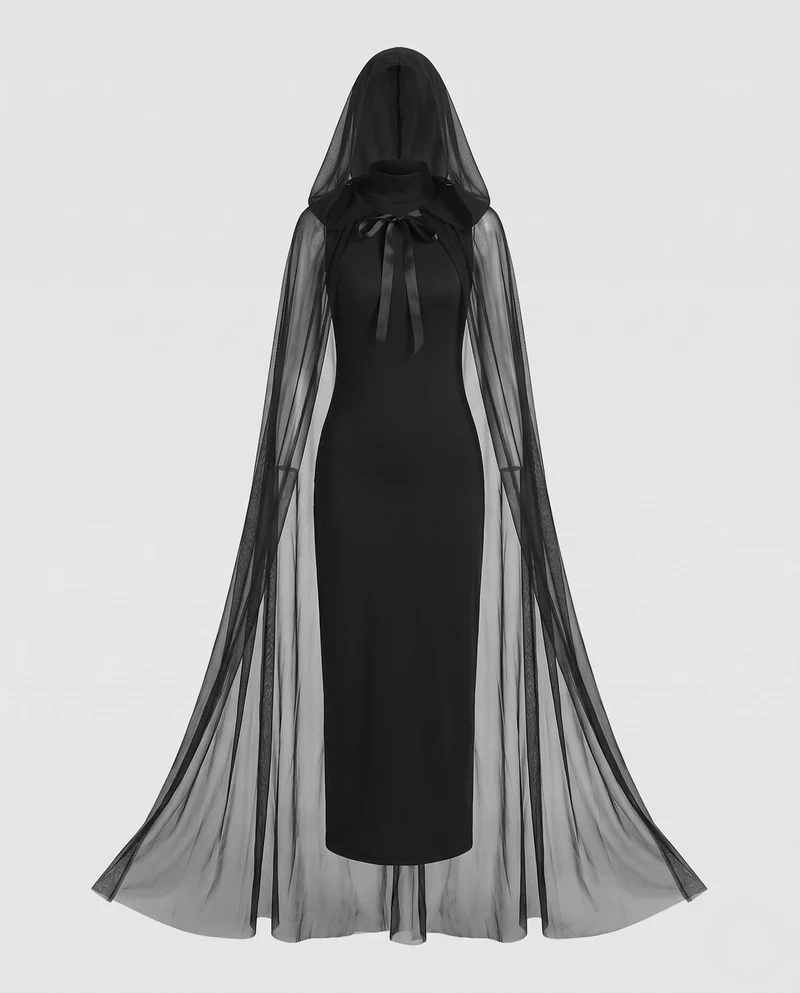 Damen elegantes Langarmkostüm mit schimmerndem Überrock und Kapuze Nord Taschen