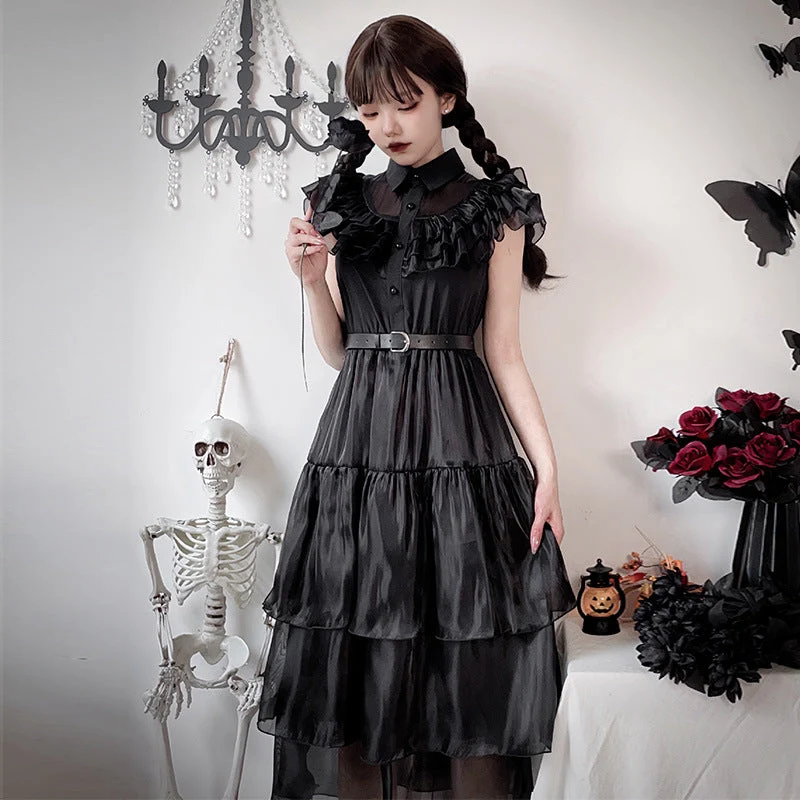 Damen Elegantes Maxi-Kleid mit voluminösen Rüschen und Taillengürtel Nord Taschen
