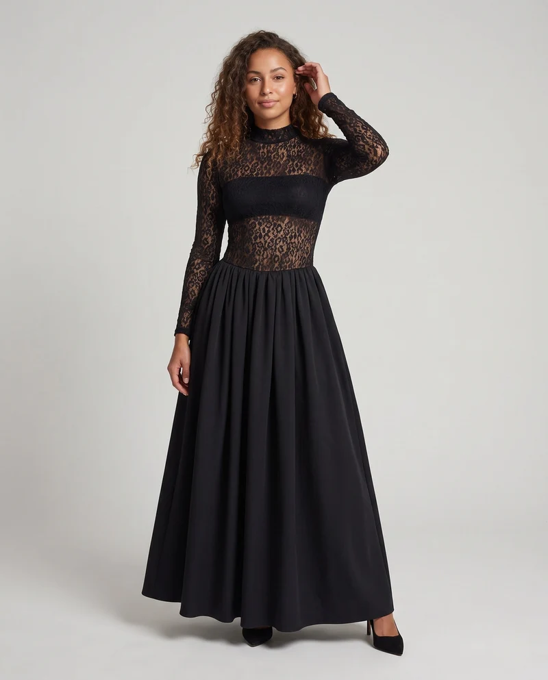 Damen Elegantes Abendkleid mit transparenten Ärmeln und weichem Rock Nord Taschen
