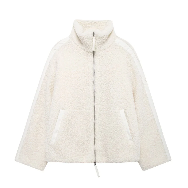 Damen Weit geschnittene Teddy-Fleecejacke mit hohem Stehkragen Nord Taschen