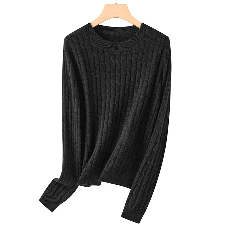 Damen weicher Zopfstrick-Pullover aus Feinstrick mit Rundhalsausschnitt und Rippbündchen Nord Taschen