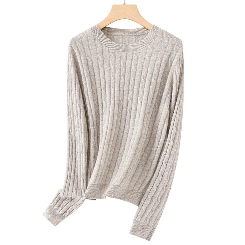 Damen weicher Zopfstrick-Pullover aus Feinstrick mit Rundhalsausschnitt und Rippbündchen Nord Taschen