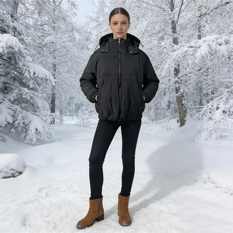 Damen Wattierte Steppjacke mit Volumenkapuze, elastischem Saum und verstellbarer Taille Nord Taschen