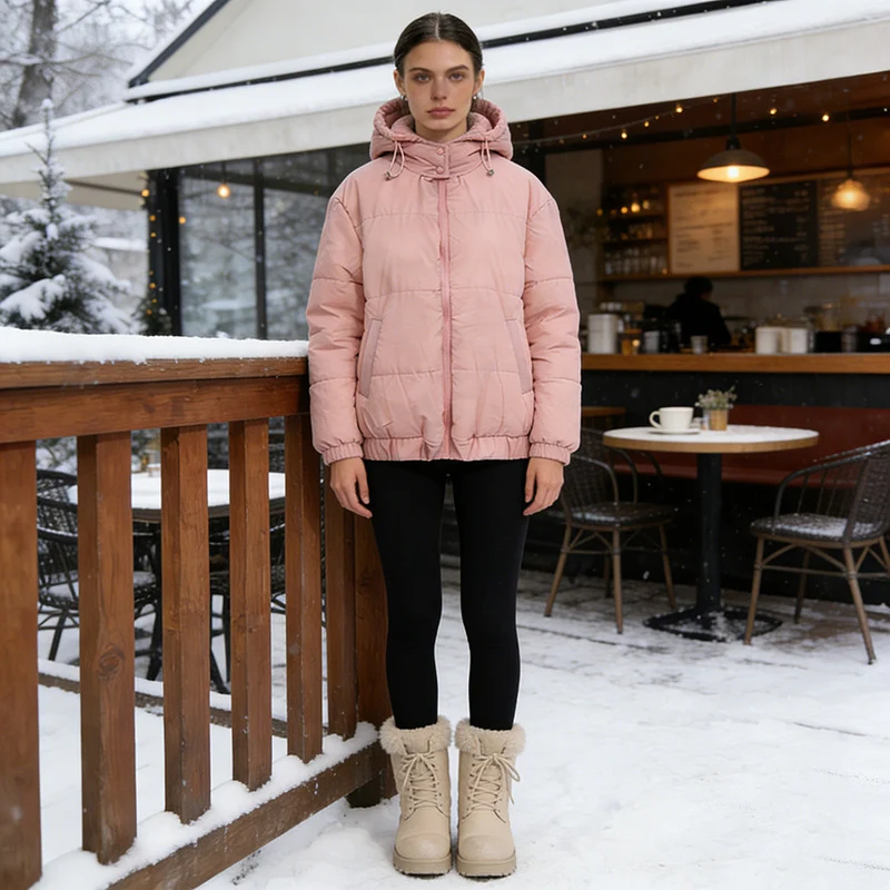 Damen Wattierte Steppjacke mit Volumenkapuze, elastischem Saum und verstellbarer Taille Nord Taschen