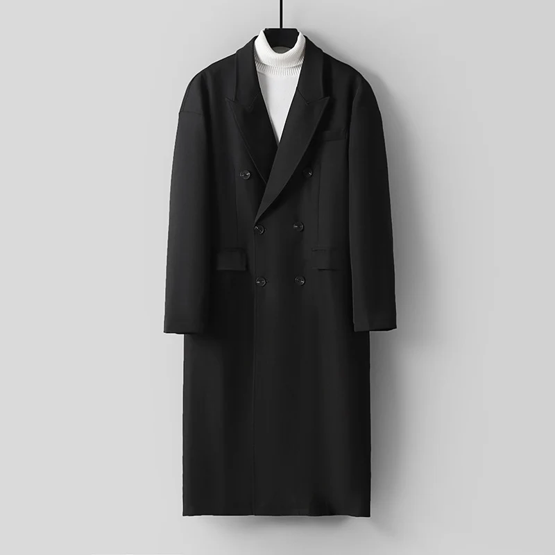 Herren Doppelreihiger Longline-Mantel aus Wollmix mit schmalem Schalkragen Nord Taschen